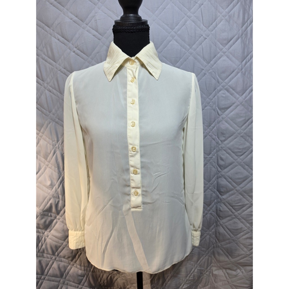 St John Vintage Cream Pleated Collar Button Front Blouse Ivory Sheer Top